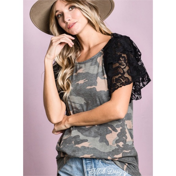 ❤️LAST 3! Puff Lace Sleeve Camo Soft Knit Top! - Picture 4 of 9
